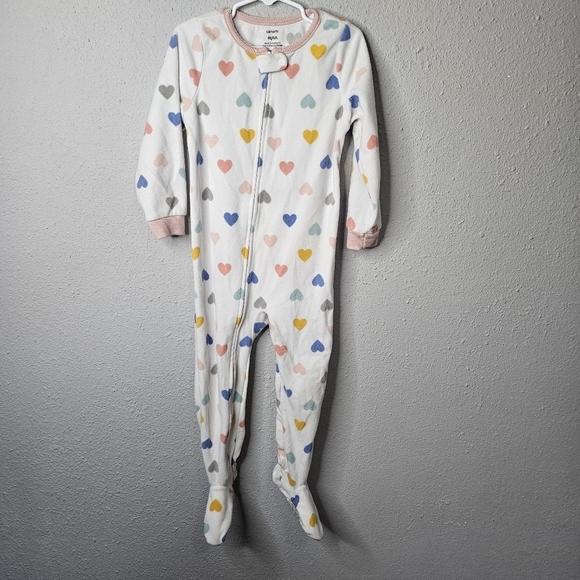 Carter's Footed Pajama Toddler 4T White Pink Heart Zip Up Long Sleeve Clean Girl - Picture 1 of 11